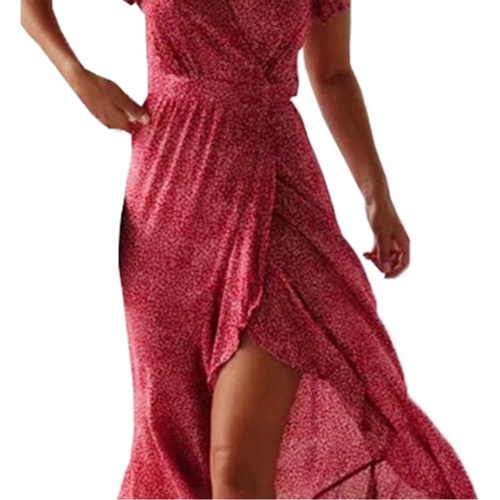 Red Ruffle Midi Wrap Dress XL Flutter Sleeve Slit Cover Up Resort Festival Boho